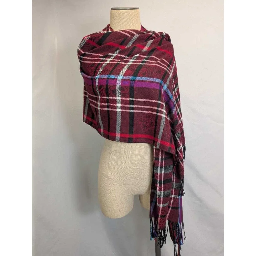 Burgundy Plaid Paisley Scarf‎ Wrap Shawl - Warm Fashion Accessory